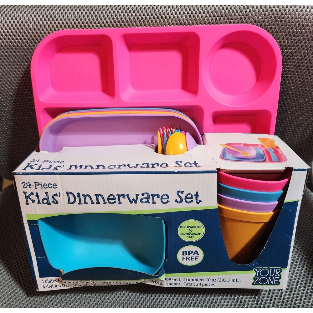 Your Zone Kids' Dinnerware Set 24 Pc BPA Free Dish/Micro Safe Reuse Multicolor